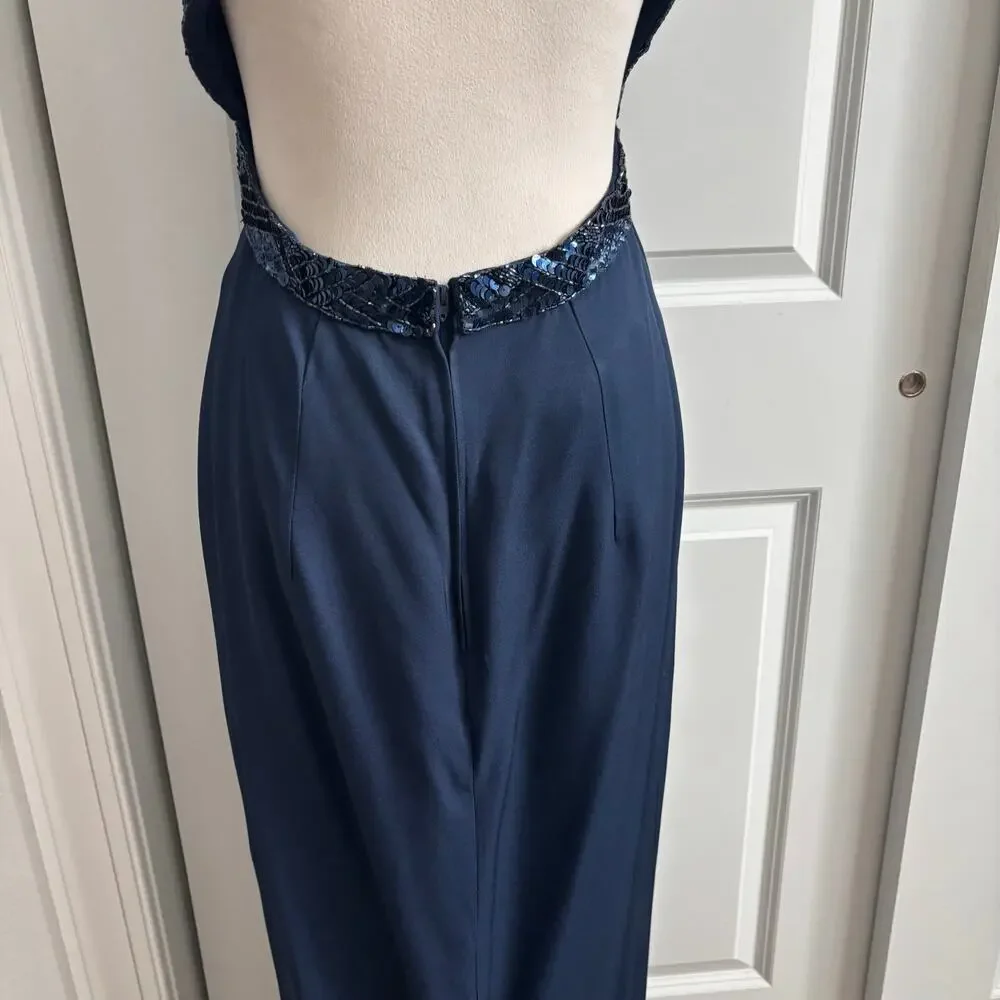 Dave & Johnny Vintage 90s Prom Dress Navy Blue Sequin‎ Halter Open Back Maxi 4